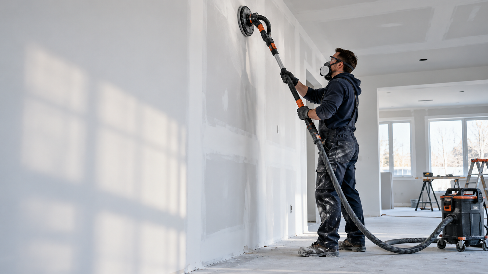 Illustrative AI image of a tradesperson smoothing drywall with a dust-extraction sander
